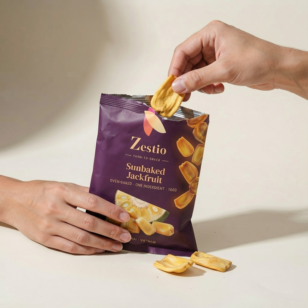 Hand taking a Sunbaked Jackfruit chip from the open pack, showing snack size