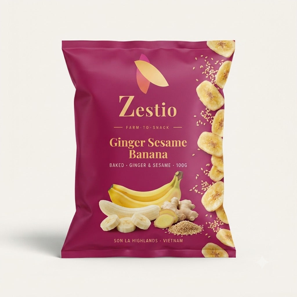 Zestio Ginger Sesame Banana pack, 100g, baked banana chips with ginger and sesame from the Son La Highlands, Vietnam