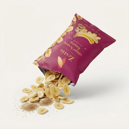 Ginger Sesame Banana chips pouring from the pack with toasted sesame seeds