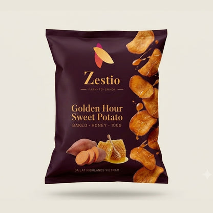 Zestio Golden Hour Sweet Potato pack, 100g honey-baked sweet potato chips from the Da Lat Highlands, Vietnam