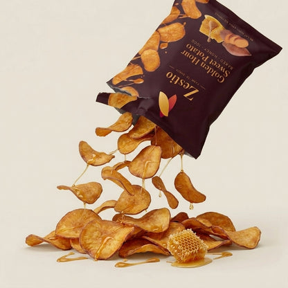 Golden Hour Sweet Potato chips pouring from the pack with honeycomb, showing golden baked texture
