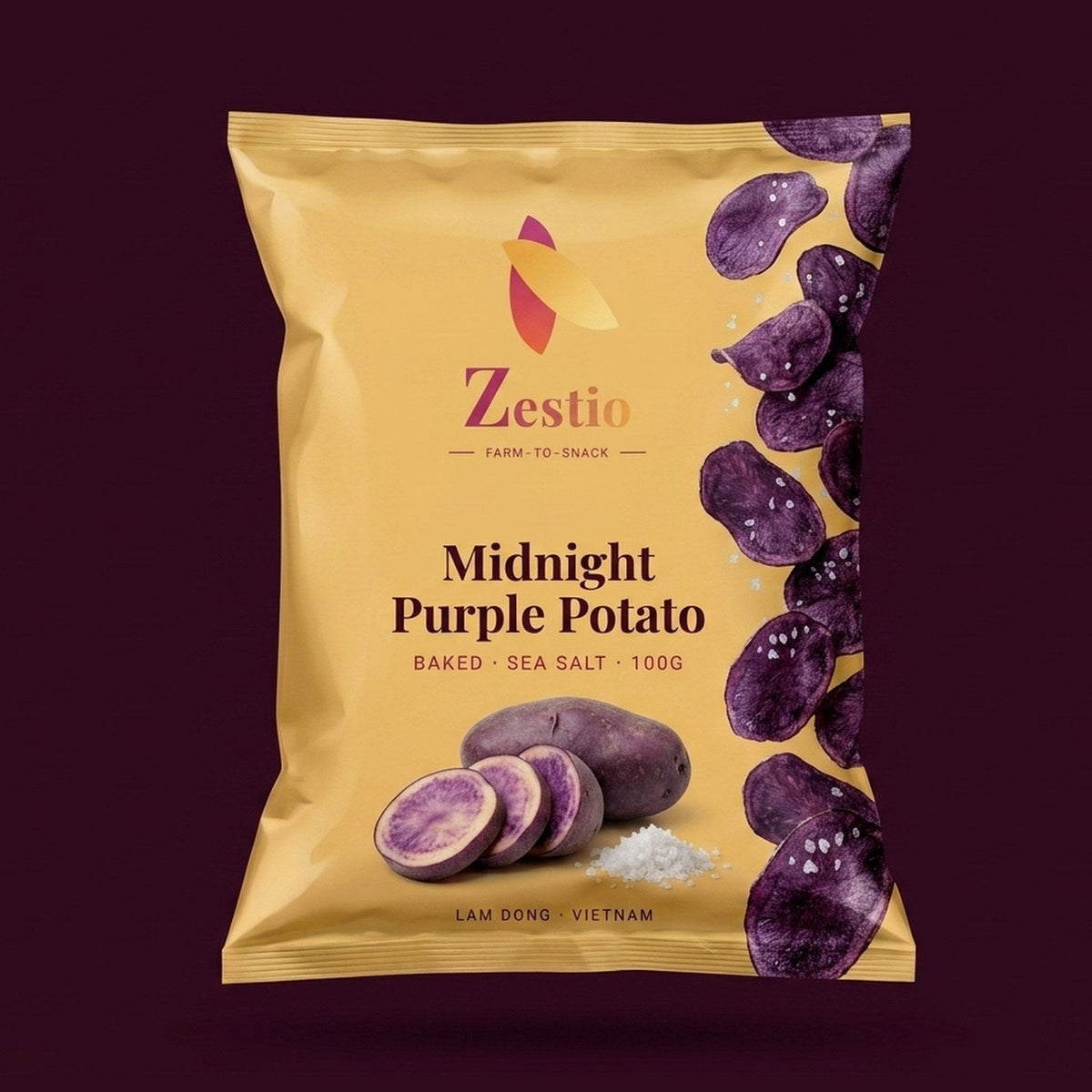 Zestio Midnight Purple Potato pack, 100g, baked sea salt purple potato chips from Lam Dong, Vietnam