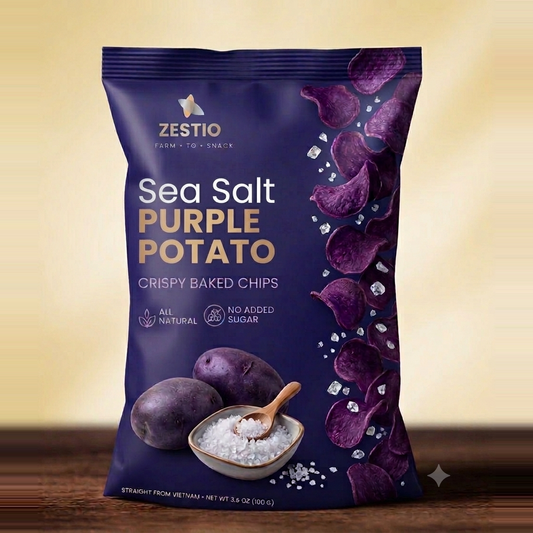 Zestio Sea Salt Purple Potato crispy baked chips bag