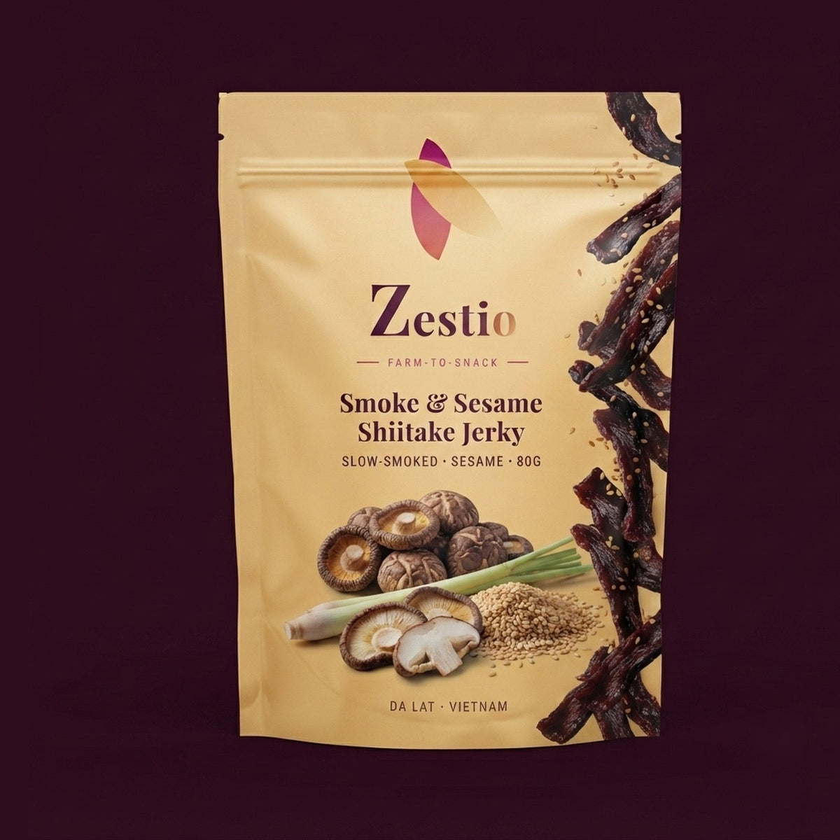 Zestio Smoke and Sesame Shiitake Jerky pack, 80g, slow-smoked mushroom jerky from Da Lat, Vietnam