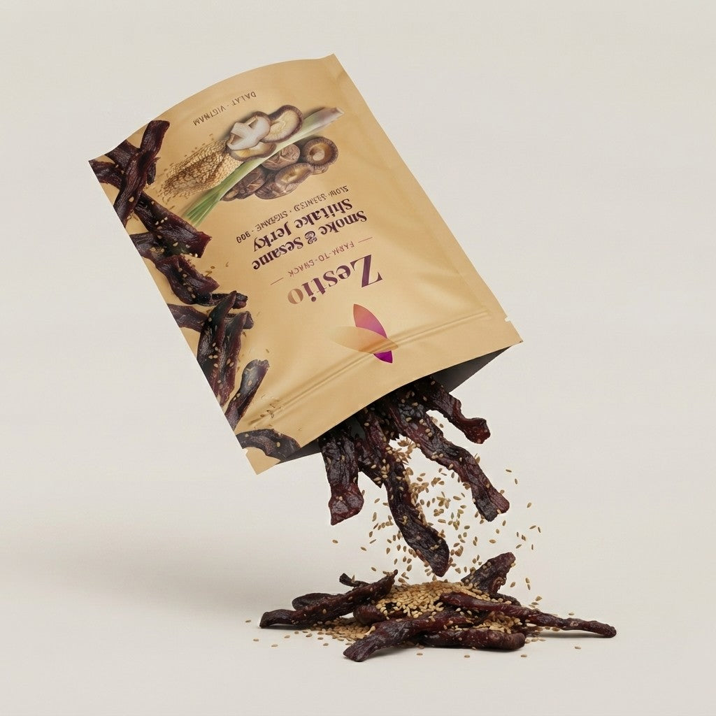 Smoke and Sesame Shiitake Jerky strips pouring from the pack with toasted sesame seeds