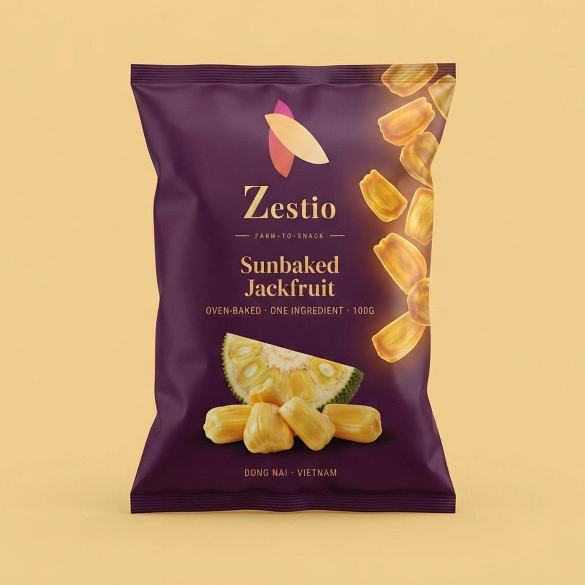 Zestio Sunbaked Jackfruit pack, 100g oven-baked jackfruit chips, single origin from Dong Nai, Vietnam