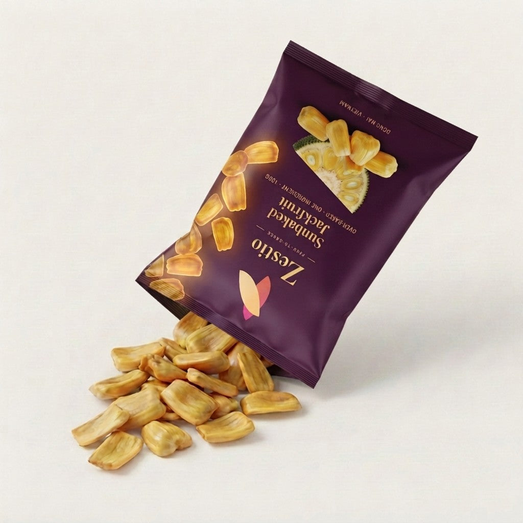 Sunbaked Jackfruit chips pouring from the pack, showing golden oven-baked pieces